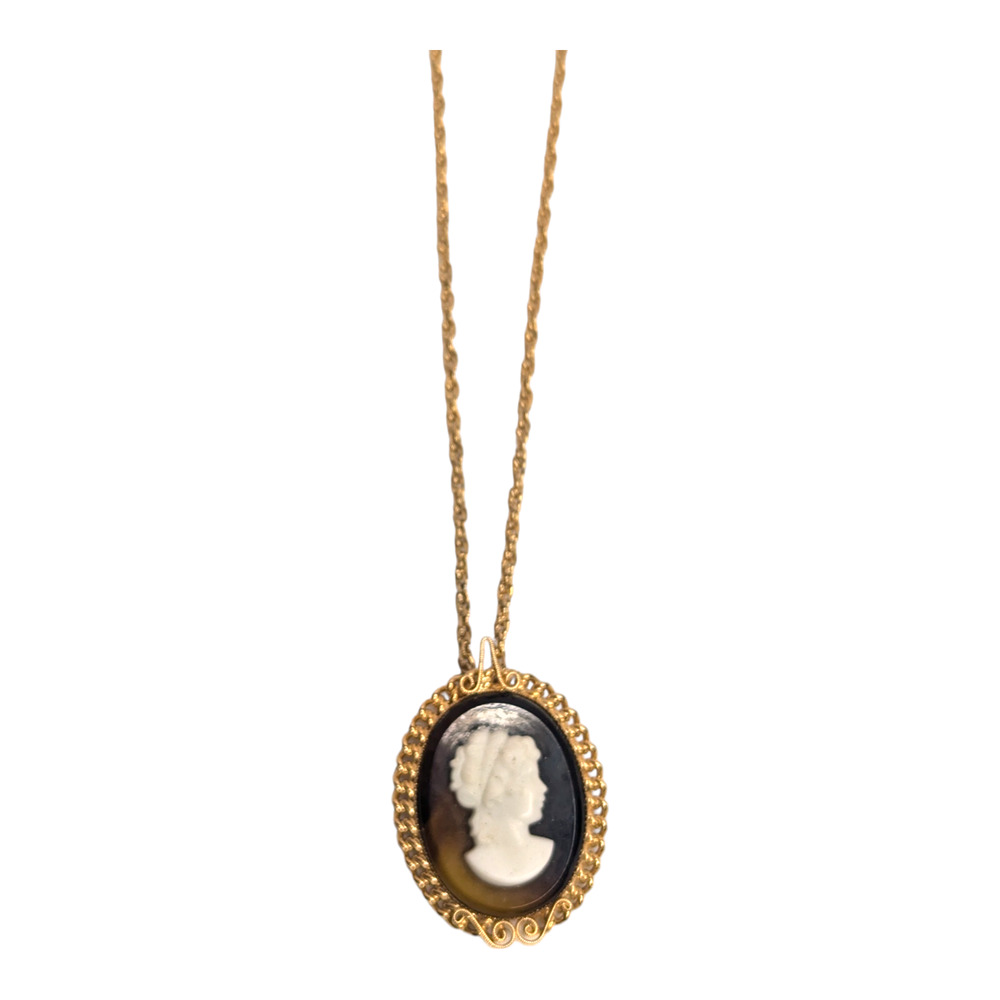 Paradise Cameo Pendant 24in Necklace Gold Tone Brooch Pin Victorian Style‎ Vtg